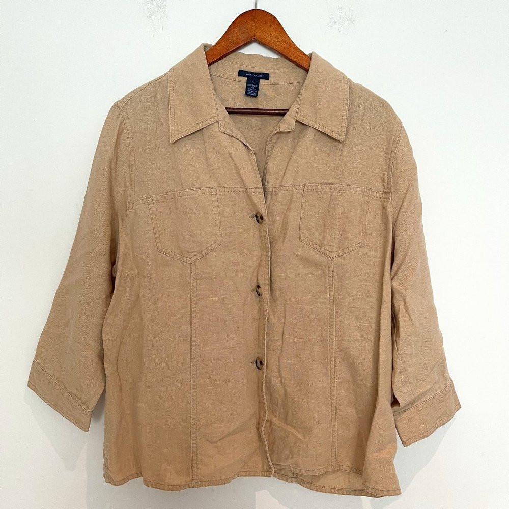 Westbound Woman Tan 100% Linen 3/4 Sleeve Button Up Shirt Size 16